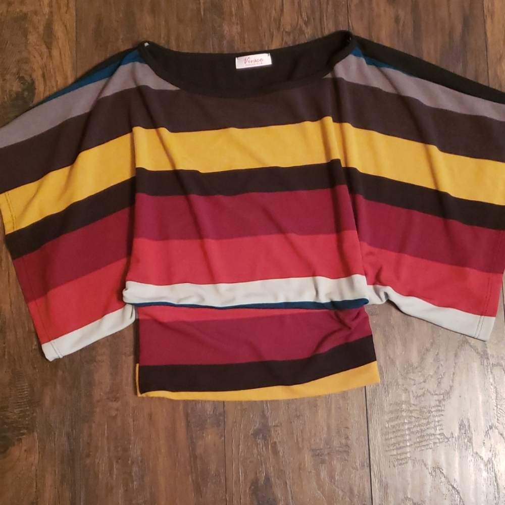 Stripped Top with full flowy sleeves and banded wa